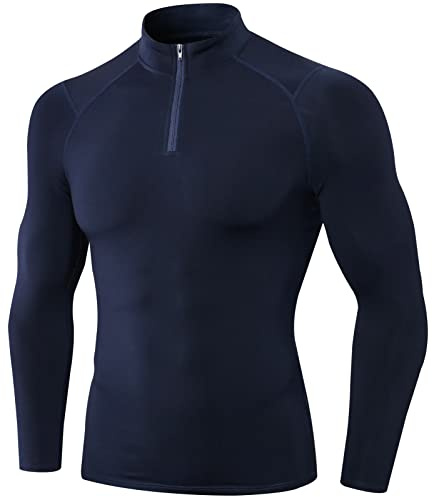 SEAUR Kompressionsskjorta för män, långärmad 1/4 dragkedja, sportskjorta, gym, smal passform, löpartröja, varm funktionell skjorta, ventilerande långärmad tröja för fitness, sport, löpning, cykel, S, M, L, XL, XXL, A001-mikrofleece varm (mörkblå), L