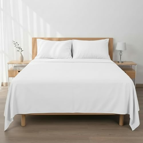 Etrexonline Conjunto de Sábanas 4 Piezas Cama 135 cm - Microfibra Ultra Suave Incluye 1 Bajera 135x200+28 cm, 1 Encimera 210x270 cm, y 2 Fundas de Almohada 50x75 cm - Color Blanco Liso