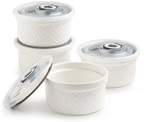 MISSYSSIM 9 oz Ramekins with Lids, Creme Brulee Ramekins Oven Safe, Small Ceramic Serving Bowls, White Custard Cups for Baking, Dipping Sauce Cups, Pinch Bowls Ideal for Birthday Party, Set of 4