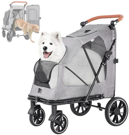 Joyfultails Hundewagen Hundebuggy bis 50 kg, Faltbarer Hundetrolley, Katzenbuggy für große und mittelgroße Hunde, Hundebuggy Große Hunde Schwerlast Hundewagen mit 4 Rädern Verstellbarer Griff