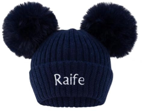 Lobeko Personalised Baby Hat, Double Faux Fur Poms, Knitted Beanie Navy