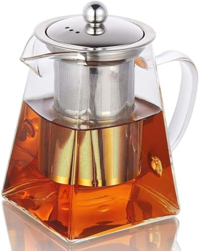 Square Glass Teapot with Infuser, Tea Pot for One, Clear Easy Clean Borosilicate for Stovetop Safe,Glass Teapots for Blooming Tea,Loose Tea,Flowering Tea (750ML)