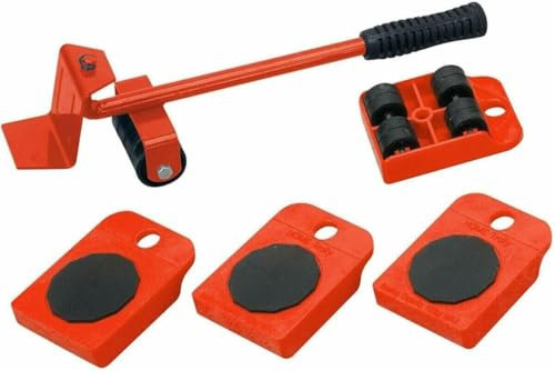 Kit Sollevatore Mobili Pesanti, 4 Piastre con Ruote, Capacità Max 150 kg, Set Leva e Accessori, Acciaio Inossidabile