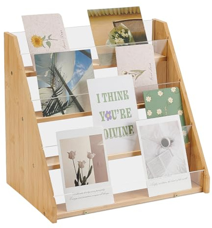 UNICRAFTALE 4 Stöckiger Präsentationsständer Für Grußkarten Vitrine Bambus Acryl Postkartenständer Tragbarer Präsentationsständer Für Aufkleber Theke Einzelhandel Präsentationsständers Für Tischplatte