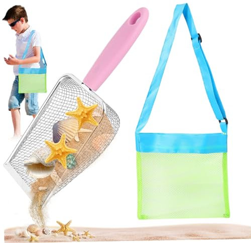 Nyutcwe 2 Pezzi/Set di setaccio di Sabbia e Sacca Conchiglia in Acciaio Inossidabile Sacca da Spiaggia a Maglie con Cinturino Regolabile per Bambini per la Raccolta di Rocce Che Raccolgono Conchiglie
