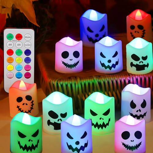 Probuk 12 Velas LED Sin Llama, con Luz Color a Pilas, Diseño Realista y Seguro, para Halloween, Bodas, Fiestas, Navidad y Decoración del Hogar?Con control remoto?