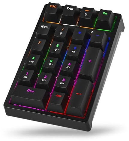 JPHTEK Wireless Numeric Keyboard, Mechanical Number Pad with RGB LED Backlit 21 Key Numpad Wireless 2.4G/Bluetooth 5.0/Wired USB-C RGB Backlit Numeric Keypad Rechargeable Numeric Keypad for Win/Mac