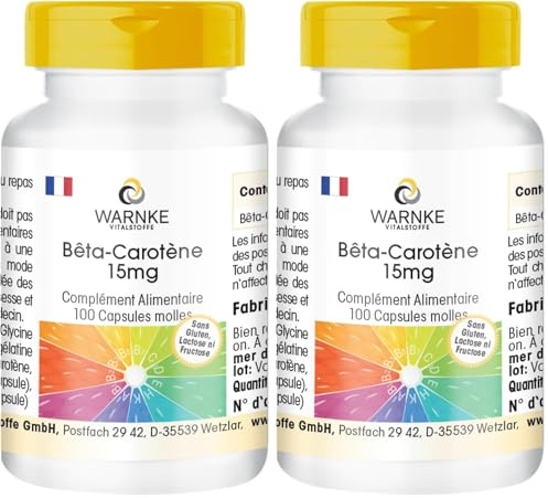 Bêta carotène 15mg - 100 softgels pour 100 jours, caroténoïde, provitamine A | Warnke Vitalstoffe - Qualité des pharmacies allemandes (Lot de 2)