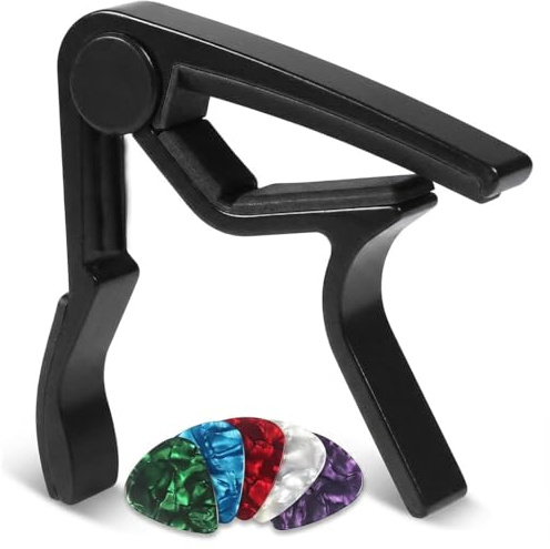 FunWorth Guitar Capo, Metal Quick Change Trigger, Acoustic, Electric | Metal trigger capo with 5 picks. For acoustic, electric, classical guitar and ukulele. Black, lightweight