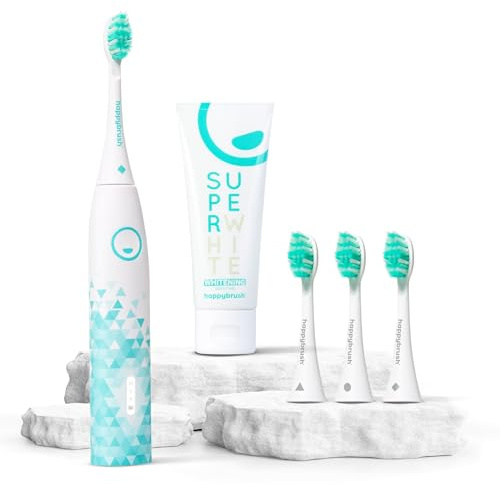 happybrush® Cepillo de dientes eléctrico sónico Eco VIBE 3 - Cepillo de dientes sostenible con batería de 6 semanas de duración, 3 cabezales y pasta de dientes - Bianco/Menta