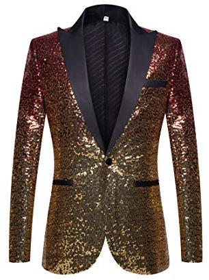 PYJTRL Men Fashion Gradual Change Color Sequins Suit Jacket (Red Gold, L)