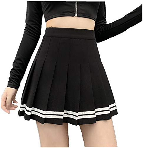 Black Sugar Retro kjol skolflicka blå uniform marinblå svart grundläggande veckad skridskoåkare flicka elastisk kort midi kjol tjockt material solid, svart, M