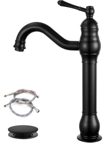 gotonovo Vessel Sink Faucet 360° Swivel Spout Single Handle Tall Bathroom Faucet 1 Hole Farmhouse Lavatory Washbasin Mixer Tap Matching Supply Hoses, with Pop Up Drain, Matte Black