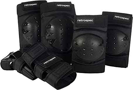 Retrospec Knee Pads, Elbow Pads & Wrist Guards for Men, Women & Kids - Protective Gear for Skateboarding, Roller Skate, Rollerblade, BMX & Scooter - Multi Sport Pad Set - Black - Child (3-9 Years)