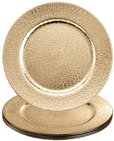 Kingrol Set of 6 Gold Plastic Charger Plates, 13 High-Shine Round Decorative Underplates with Alligator Texture, Warm Gold Table Setting for Wedding & Events, Not for Food Contact