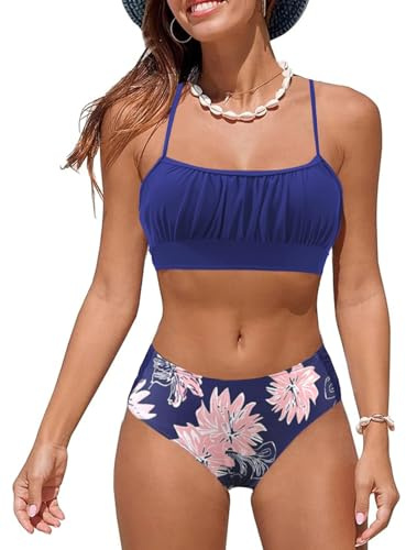Rayson Costumi da Bagno per Donna a Due Pezzi Ruched Bandeau Bikini Set Regolabile Tracolla Costumi Donna Imbottito Push Up Bikini Top Sgambata a Vita Alta Fond Beachwear Swimwear(Navy/Foglia,M)