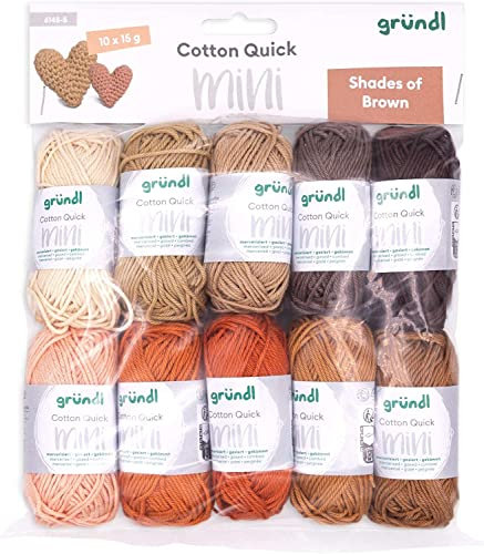 Gründl Wolle Cotton Quick Mini Shades - dünne Wolle zum Häkeln von kleinen Figuren - Glänzend und hautfreundlich - 100% Baumwolle - 10 Miniknäuel 15 g / 37 m - Nadelstärke 3-4 - braun