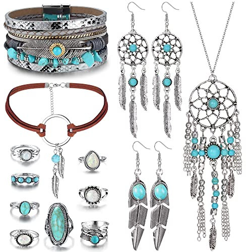 Milacolato Western Schmuck Für Frauen Türkis Anhänger Halskette Wester Drop Dangle Ohrringe Türkis-Kunstleder Geschichtete Armbänder Boho Knöchelringe Set Böhmisches Schmuckset