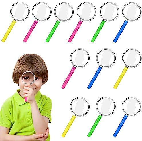 Lupenglas für Kinder,12 STK Lupen Kinder,Detektiv Set Kinders,Mini Kindergeburtstag Spielzeug Outdoor Forscher Handheld Lupe,Becherlupen für Kids,Kunststoff Handlupe,Taschenlupe für Party-mitgebsel