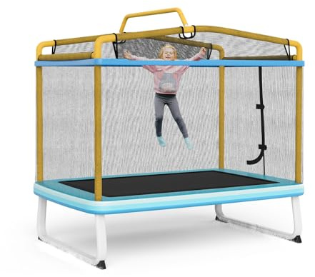 LIFEZEAL Cama elástica Infantil 3 en 1, Trampolín con Columpio Desmontable y Barra Horizontal, Cama elástica Rectangular de jardín para niños, 190 x 124 x 222 cm para Exterior e Interior (Amarillo)