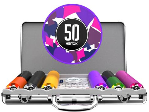 HEITOK Poker-Chips-Set mit Wertangaben, 300 Stück 11,5g Profi-Chips nummeriert in Alu-Koffer inkl. 5 Würfel & 2 Kartenspiele für Texas Hold'em