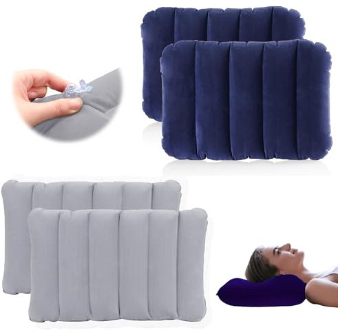 Bequem Aufblasbares Kissen,4 Stück PVC Beflockung Wasserfest Camping Kissen Aufblasbar,Komprimierbar Luftkissen Kopfkissen,Reisekissen Aufblasbare für Outdoor Wandern Büro (Tiefviolettes Blau/Grau)