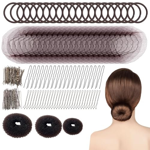 UILYNIU 183 Pezzi Realizzare Chignon Set 3 pezzi Chignon a Ciambella 60 Pezzi Retine per Capelli Invisibili e 100 Forcine Capelli, 20 Elastici per Capelli per Bambine e Donne (Marrone)