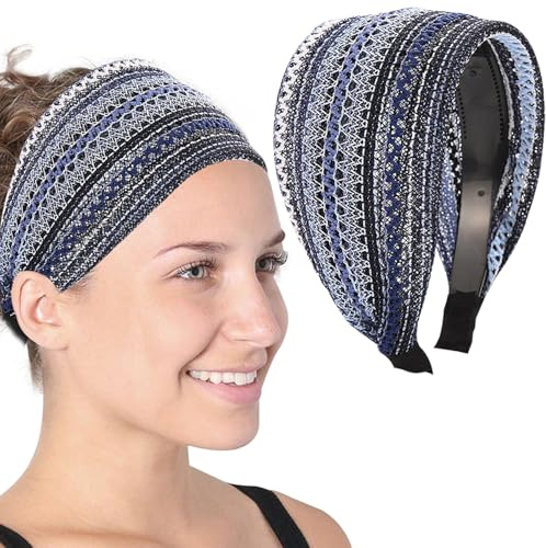 Blue Extra Wide Hard Headbands, Boho Headband with Teeth Large Non Slip Headbands Fabric Hair Hoop Headwrap Fashion Hairbands Hair Accessories for Women Girls