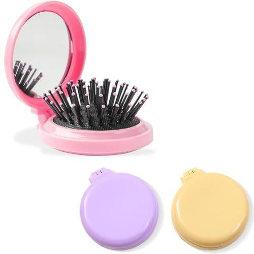 KOLZEMV Mini spazzola rotonda per capelli con specchio, confezione da 3 spazzole pieghevoli per capelli, dimensioni da viaggio, spazzola compatta per capelli, spazzola per capelli tascabile, strumento