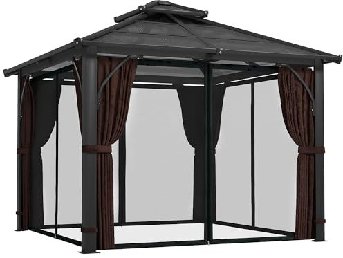 Outsunny 3 x 3(m) Hardtop Gazebo Canopy with 7mm Double Polycarbonate Roof, Garden Gazebo Permanent Pavilion with Mosquito Netting and Curtains for Patio, Deck, Brown