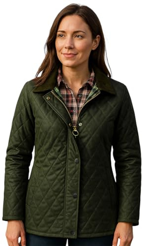 Game Technical Apparel Women’s Wax Quilted Jacket – Argyle Diamond Padded Coat, Corduroy Collar, Heritage Lining, Made in UK Olive Large