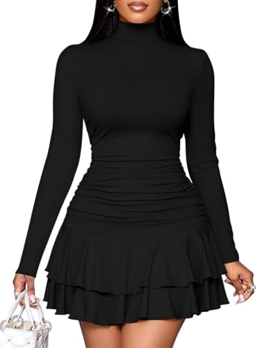 LAGSHIAN Women's High Neck Ruffle Hem Mini Dress Long Sleeve Ruched Short Club Party Dresses Black
