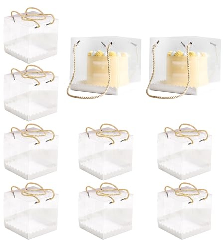 ECVUKQ Lot de 10 boîtes à gâteau transparentes de 10 cm avec 2 sangles de transport - Boîtes à gâteau transparentes - Boîtes de transport - Pour mariage, anniversaire, dessert