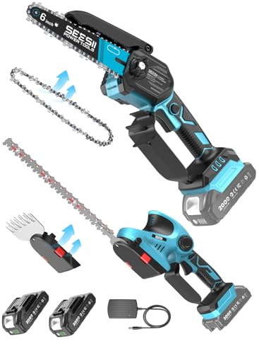 SEESII 3-in-1 Motosega a Batteria & Tagliasiepi & Forbici Tagliaerba Set, 600W Mini Motosega con 2*2000 mAh Batterie, Sistema Combinato Leggero per Potatura Alberi, Cura delle Siepi e Rifinitura Prato