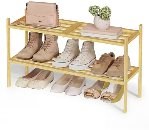 SONGMICS Étagère à Chaussures en Bambou, 2 Niveaux, Empilable, Gain de Place, Étagère de Rangement, Entrée, Salon, Chambre, Garage, pour 9-12 Paires, 25 x 70 x 34,3 cm, Couleur Naturelle LBS052YL01