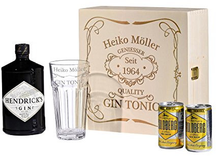 polar-effekt 5-TLG Gin & Tonic Geschenk-Set mit Hendricks - Longdrink-Glas in Geschenkbox Gin-Glas - Geschenkidee Geburtstag - Personalisiert mit Gravur - Motiv Quality Gin