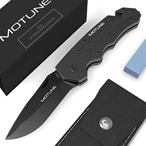 MOTUNE® Zweihand Klappmesser 3-in-1 KP23 - Taschenmesser mit Aluminiumgriff - Zweihandmesser mit hochwertiger Edelstahlklinge 7CR17 - mit Schleifstein & PU-Gürteltasche