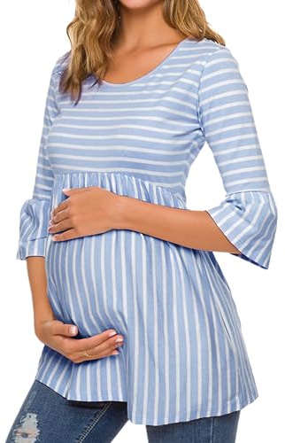 Ecavus Women's Maternity Shirt Striped Peplum 3/4 Sleeve Maternity Top