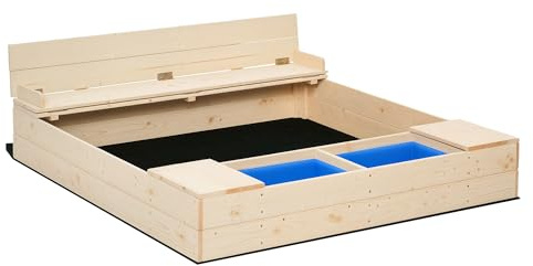 Outsunny Kids Wooden Sandbox w/Two Plastic Boxes Foldable Bench Seat Waterproof Cover Bottom Liner Storage Space