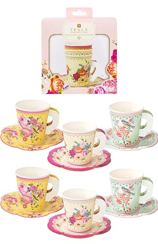 Talking Tables Juego de té de la tarde con platillo y taza floral vintage | Vajilla desechable verdaderamente deliciosa para cumpleaños o fiesta en el jardín, baby shower, boda