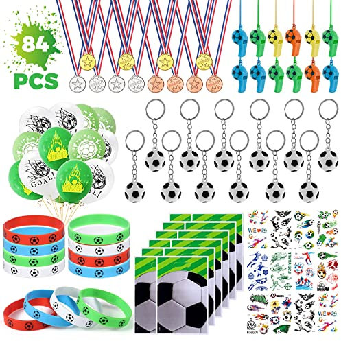 80PCS Fußball Party Mitgebsel Kindergeburtstag Junge, Fußball Give Aways mit Luftballon, Schlüsselanhänger, Silikonarmband, Trillerpfeife, Medaillen,Tattoo, Mitgebsel Fussball für Kindergeburtstage