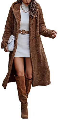 ticticlily Chaqueta Lana Mujer con Capucha Abrigo Largo de Peluche Piel Sintética Ropa para Mujer Elegante Informal Cárdigan Blusa Parka Coat Jacket Talla Grande A Marrón S