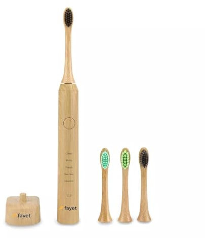 Fayet Smart Sonic Bamboo Toothbrush, IPX8 Waterproof with 3 Replaceable Heads & 5 Modes for Adults & Kids