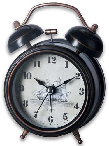 A5 Twin Bell Non-Ticking Silent Bedside Alarm Clock, Retro, Victorian Style, Metal Construction, Ø8cm, Analogue, Extra Loud, with Nightlight, for Bedroom Office Travel Elderly Children Girl (BLACK)