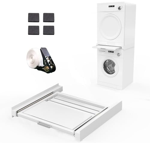 2 IN 1 Universaler Zwischenbaurahmen mit Ausziehbarem Boden für Waschmaschinen und Trockner Zwischenbaurahmen mit Wäscheleine Stahl (inkl. Zurrgurt) weiß