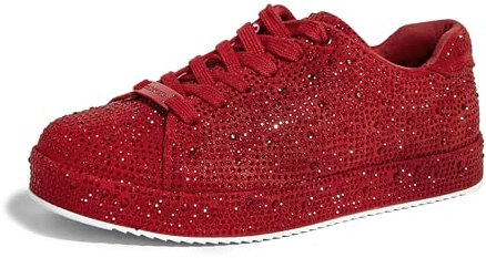 LUCKY STEP Platform Rhinestone Fashion Glitter Sneakers | Sparkly Bling Bedazzled Wedding Bridal Shiny Shoes for Women (Red Rhinestone, 8.5US-39EU-6UK)