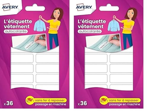 AVERY - 36 étiquettes vierges autocollantes inscriptibles pour vêtements. Couleur blanche. Format 4.5 x 1.3 cm (Lot de 2)