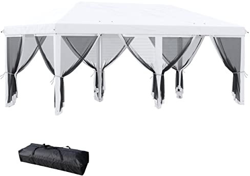 Outsunny Tonnelle Pliante tonnelle de Jardin extérieure Barnum Pliant Pop-up pavillon de terrasse 6 x 3 m Anti-UV moustiquaires Amovibles + Sac de Transport Blanc