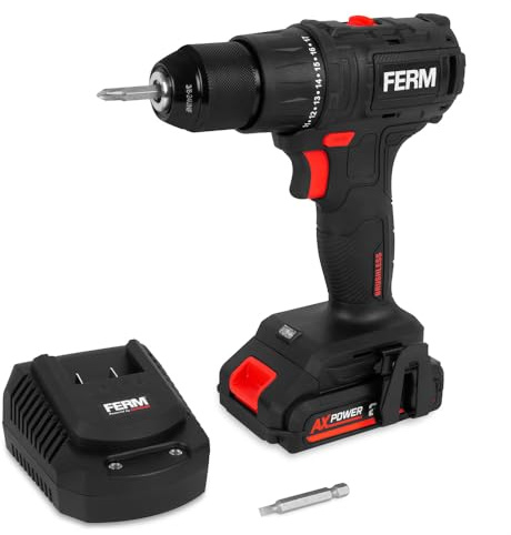 FERM CDM1167 sladdlös borrmaskin 20 V - 50 Nm, 2 hastigheter, 10 mm metallchuck - LED, Softgrip - 2,0 Ah batteri + snabbladdare ingår - box