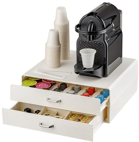 Baroni Home Tiroir Porte-Dosettes de Café, Organisateur Universel 30 capsules Nespresso et Dolce Gusto, pour accessoires et thé, Compact en Plastique Résistant, 2 Tiroirs, 34x13x34 cm, Blanc